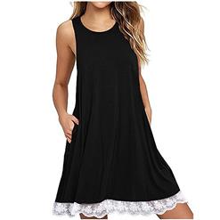 Sexy Black Sleeveless Lace Splicing Casual T-Shirt Dresses with Pockets N16448