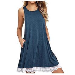 Sexy Blue Sleeveless Lace Splicing Casual T-Shirt Dresses with Pockets N16449
