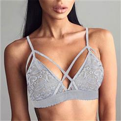 Sexy Gray Strappy See-through Hollow Out Floral Lace Lingerie Bra N16458