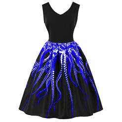 Women's Vintage V Neck Sleeveless Royalblue 3D Digital Octopus Print Swing Tank Dress N16486