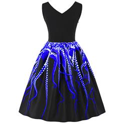 Women's Vintage V Neck Sleeveless Royalblue 3D Digital Octopus Print Swing Tank Dress N16486