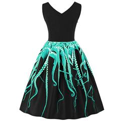 Women's Vintage V Neck Sleeveless Light-Blue 3D Digital Octopus Print Swing Tank Dress N16487