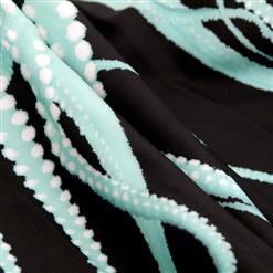 Women's Vintage V Neck Sleeveless Light-Blue 3D Digital Octopus Print Swing Tank Dress N16487