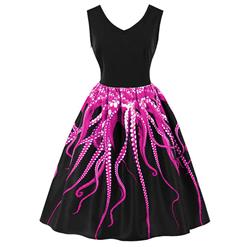 Women's Vintage V Neck Sleeveless Purple 3D Digital Octopus Print Swing Tank Dress N16488
