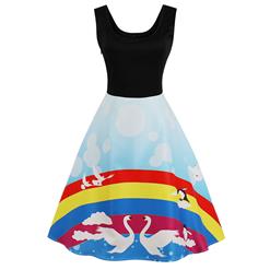 Sleeveless Vintage Day Dress,Scoop Neck Summer Dress, Rainbow Print Vintage Dress, Floral Print Patchwork Dress, Vintage Dress for Women, Printed A-line Swing Dress, #N16495