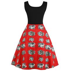 1950's Retro Vintage Sleeveless Scoop Neck Cabbage Print A-line Swing Day Dress N16496