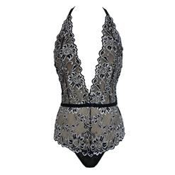 Sexy Black Floral Embroidery Lace Halter One Piece Sheer Bodysuit Lingerie N16520