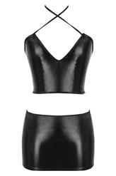 Sexy Black Sleeveless PVC Halter Bra Top and Skirt Lingerie Set N16544