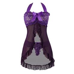 Sexy Purple Ribbon Halter Lace Babydoll Lingerie Chemise N16547
