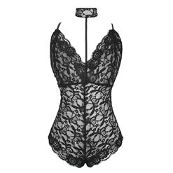 Sexy Black Halter Deep V Floral Lace Bodysuit Teddy Lingerie N16571