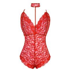 Sexy Red Halter Deep V Floral Lace Bodysuit Teddy Lingerie N16572