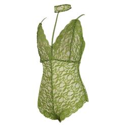 Sexy Army-Green Halter Deep V Floral Lace Bodysuit Teddy Lingerie N16574