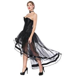 Fashion Black Victorian Satin Plastic Boned Overbust Corset High-low Organza Tutu Skirt Set N16578