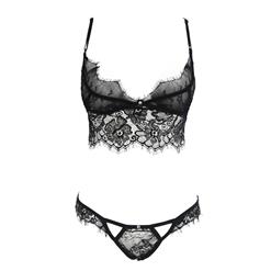 Sexy Black Spaghetti Strap See-through Lace Bra Top and Panty Lingerie Set N16590