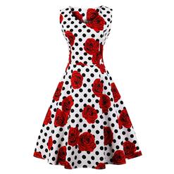 Vintage Sleeveless V Neck Polka Dot Rose Printed Swing Party Dress N16614