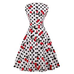 Vintage Sleeveless V Neck Polka Dot Cherry Printed Swing Party Dress N16615