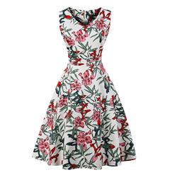 Vintage Sleeveless V Neck Leaves and Flowers Printed Swing Party Dress N16616