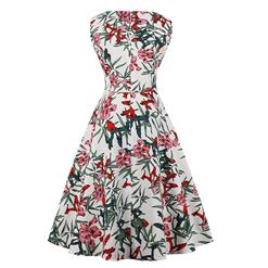 Vintage Sleeveless V Neck Leaves and Flowers Printed Swing Party Dress N16616