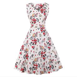Vintage Sleeveless V Neck Midi Dress, Retro Flower Printed Swing Dress, Classical Sleeveless Printed Midi Dress, Women's Print Slim Fit Swing Dress, Lovely Casual High Waist A-Line Dress, Fashion Floral Printed Swing Party Dress, #N16627