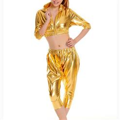 Fashion Gold Faux Leather Jazz Hip-Hop Pants Suit Pole Dancing Costume N16631