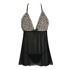 Sexy Black Leopard Print Halter Sheer Mesh Babydoll Lingerie Set N16651