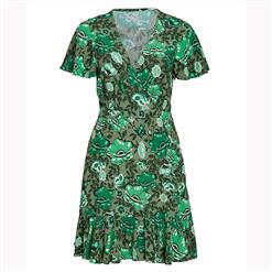 Casual Summer Short Sleeve V Neck Ruffle Floral Print A-Line Dress N16682