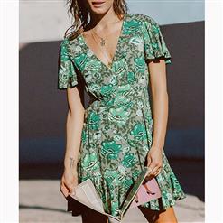 Casual Summer Short Sleeve V Neck Ruffle Floral Print A-Line Dress N16682