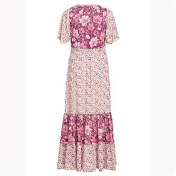 Casual Short Sleeve V Neck High Waist Ruffle Floral Print Maxi A-Line Dress N16700