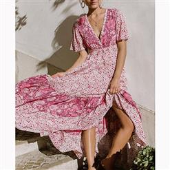 Casual Short Sleeve V Neck High Waist Ruffle Floral Print Maxi A-Line Dress N16700
