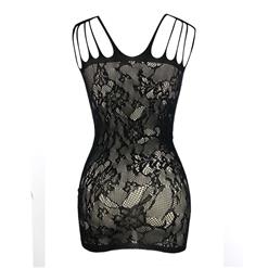 Sexy Black Straps Hollow Out See-through Chemise Lingerie Mini Dress N16732