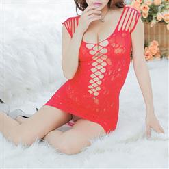 Sexy Rose Red Straps Hollow Out See-through Chemise Lingerie Mini Dress N16734
