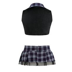 Sexy Blue Plaid Halter Crop Top Skirt Set School Girl Cosplay Adult Costume N16877