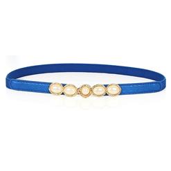 Women's Fashion Blue Leather Pearl Thin Waist Belt for Dresses Up N16935