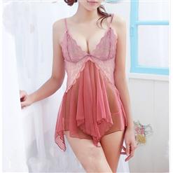 Pink Deep V Irregular Applique Mesh Babydoll Lingerie Sleepwear Dress N16947
