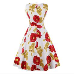 Vintage Sleeveless V Neck Flowers and Leaves Printed Midi Swing Party Dress N16963
