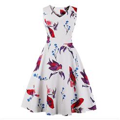 Vintage Sleeveless V Neck Floral and Bird Printed Midi Swing Party Dress N16964