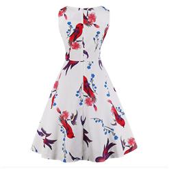 Vintage Sleeveless V Neck Floral and Bird Printed Midi Swing Party Dress N16964