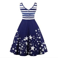 Vintage Sleeveless V Neck Star and Stripe Printed Midi Swing Party Dress N16965