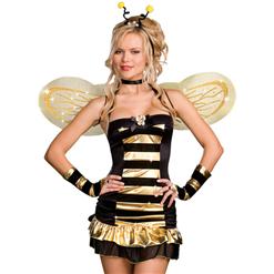 Sexy Cute Halter Black & Gold Bee Stretchy Overbust Mini Dress Costume N1701