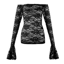 Elegant Sexy Black Long Sleeve See-through Lace Casual Pullover Tops N17021