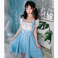 Lovely Maid Costume with Headwear, Adult Maid Cosplay Costume, Lovely Lolita Dress Costume, Maid Fancy Dress Cosplay Costume, Blue French Maid Halloween Costume, Short Sleeve Square Neck Midi Dress, #N17038