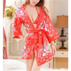 Satin Red Robe and G-String, Silk Robe and Thong, Sexy Sleepwear Robe Red, Floral Print Satin Robe Lingerie, #N17071