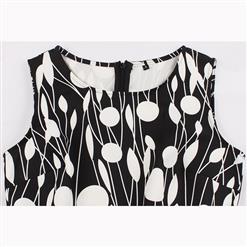 Casual Black/White Sleeveless Round Neck Printed Midi Swing Party Dress with Belt N17087
