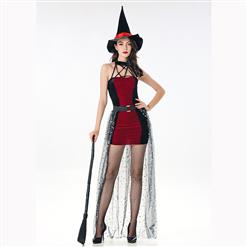 Black/Red Witch Role Play Costume, Classical Adult Witch Halloween Costume, Sexy Halter Witch Dress Costume, Wicked Witch Masquerade Costume, Witch Halloween Adult Cosplay Costume, #N17107