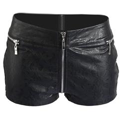 Black Shorts Woman, Fashion PU Shorts, PU Floral Short for Women, Clubwear Zip Shorts, Punk Style Mini Shorts, #N17116