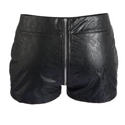 Sexy Punk Black PU Floral Zipper Shorts N17116