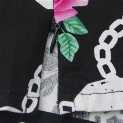 Vintage Casual Skull and Flower Print Short Sleeve Off Shoulder T-shirt N17144