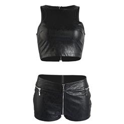 Sexy Black Punk PU Floral Dancing Clubwear Tank Top Short Set N17165