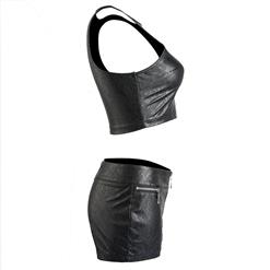 Sexy Black Punk PU Floral Dancing Clubwear Tank Top Short Set N17165