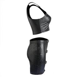 Sexy Black Punk PU Floral Dancing Clubwear Tank Top Mini Skirt Set N17166